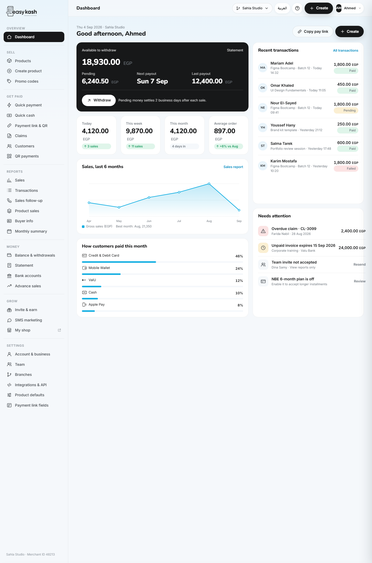EasyKash seller panel dashboard, redesigned — balance, sales, recent transactions and a needs-attention list on one screen