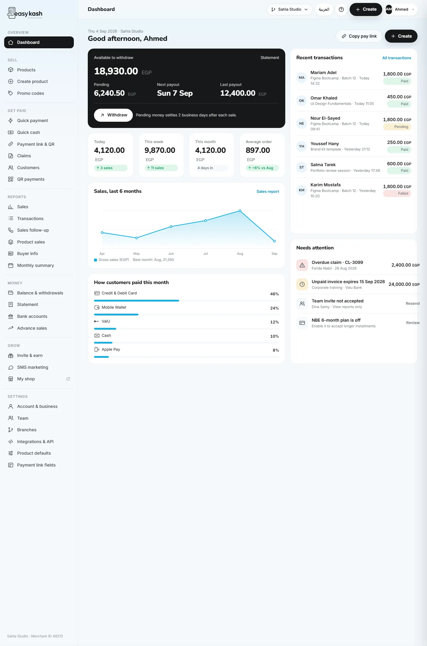 EasyKash seller panel dashboard, redesigned — balance, sales, recent transactions and a needs-attention list on one screen