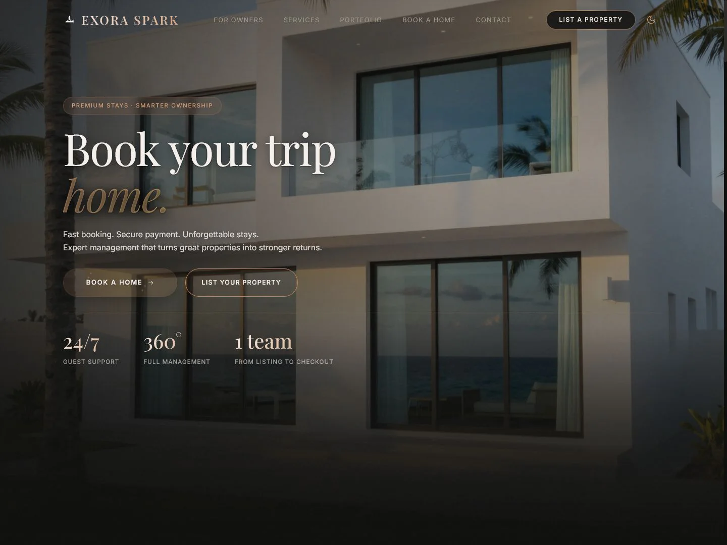Exora Spark luxury stays homepage with a coastal villa and booking actions
