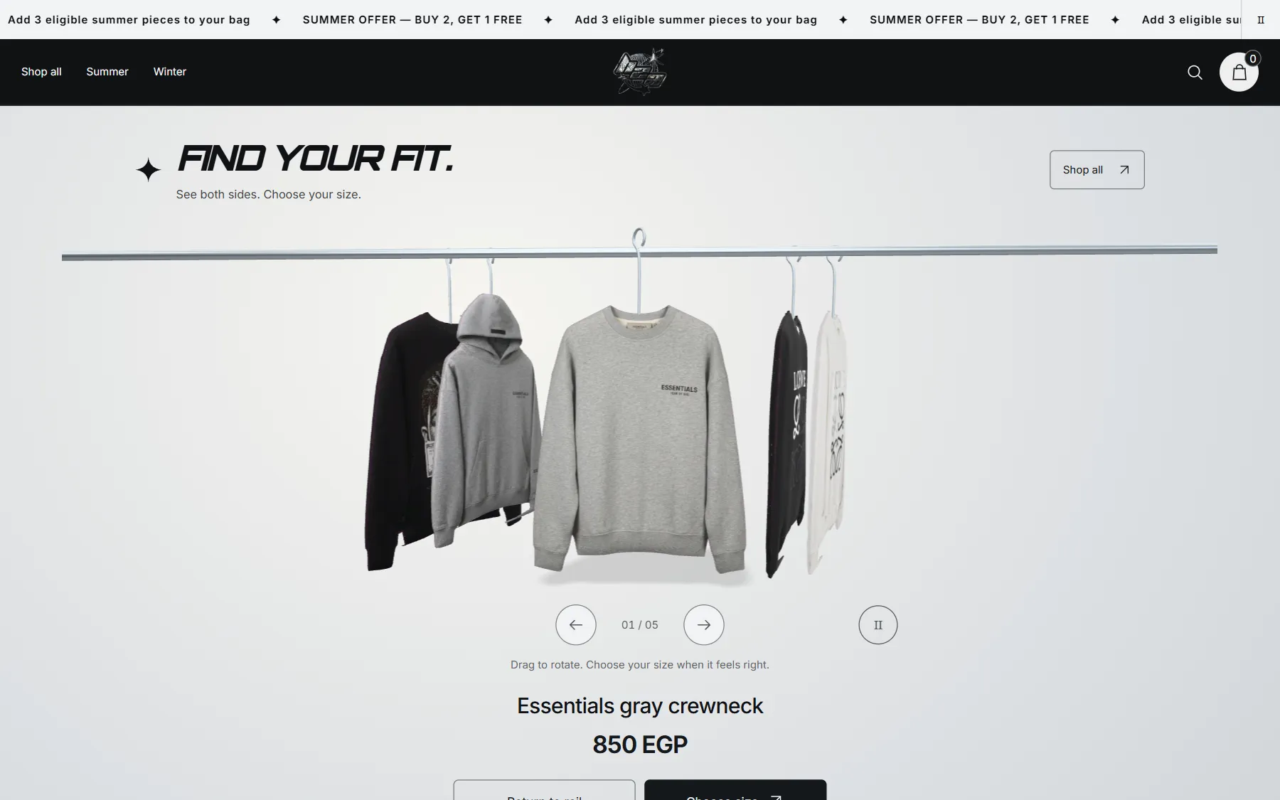 H2A homepage on desktop: T-shirts hanging on a 3D clothing rail with one piece pulled forward, its name and price below.