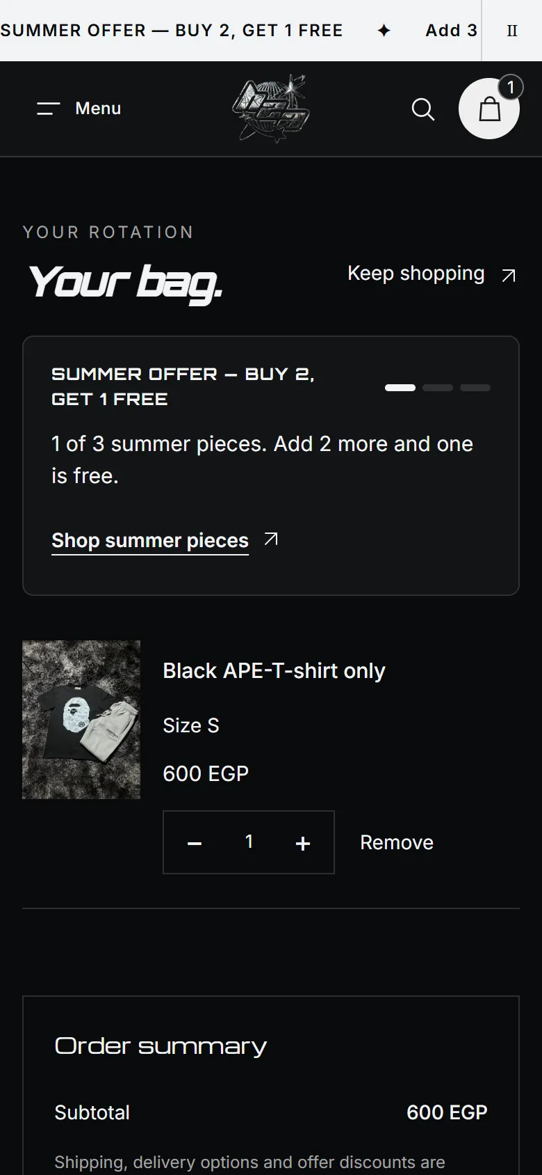 Bag on a phone with the chosen size and the summer offer progress line