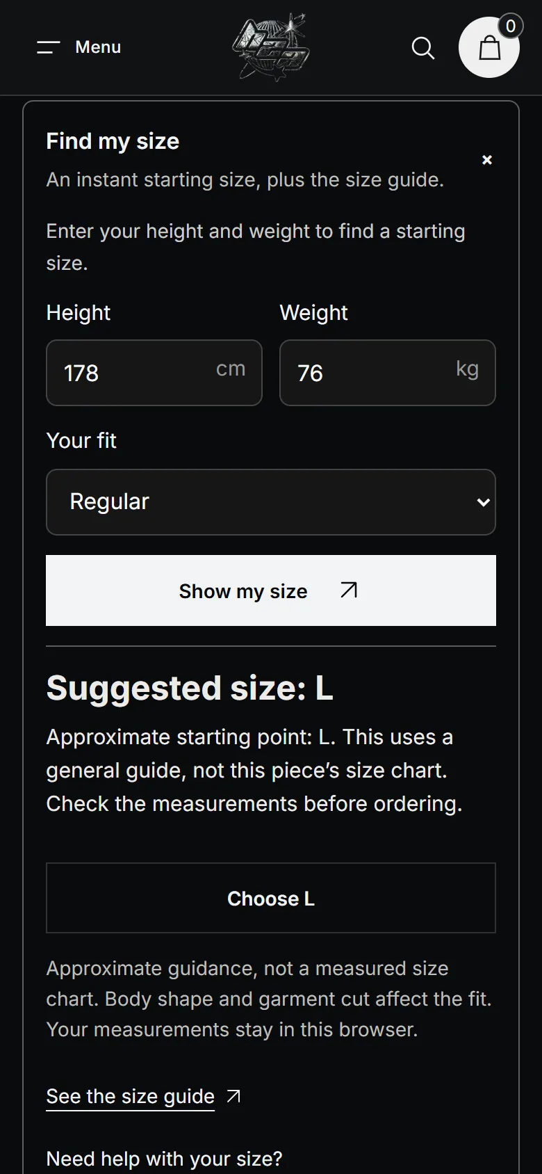 Find my size open on a phone with height and weight fields and a suggested size