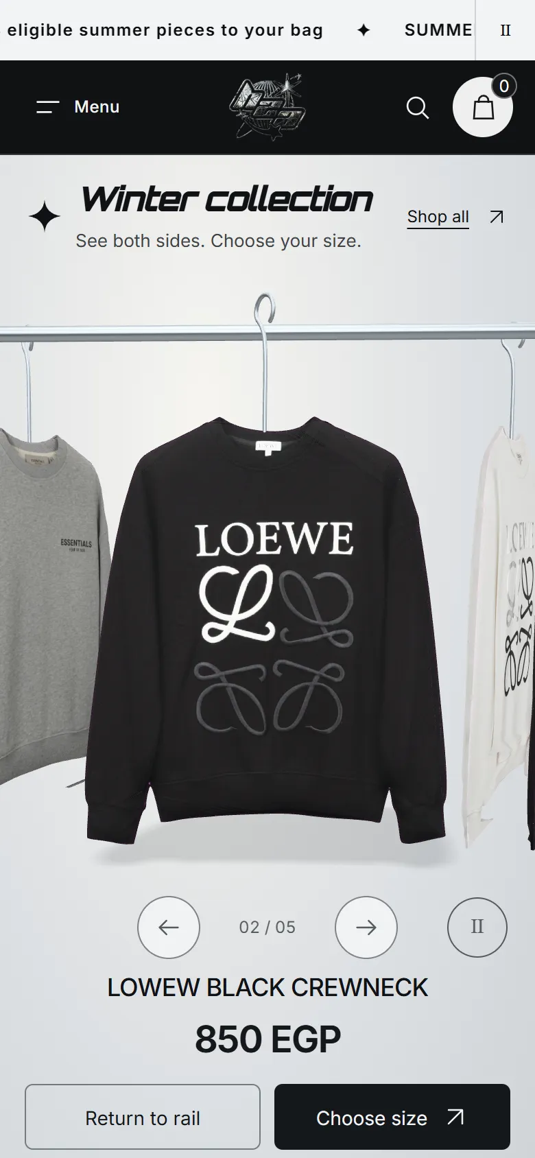 Winter collection page on a phone with hoodies and crewnecks on the rail