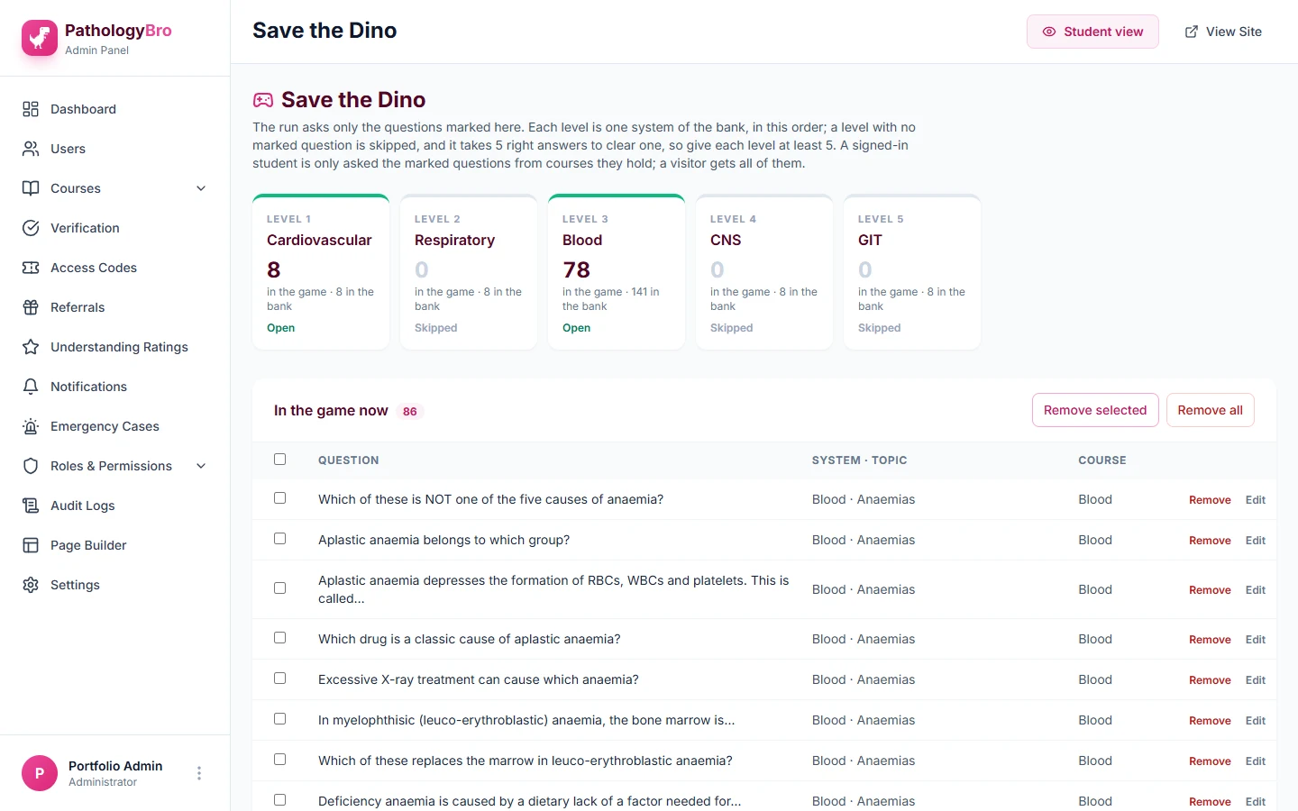 Save the Dino settings in the admin panel: five levels, one per system, and the list of questions currently in the game.