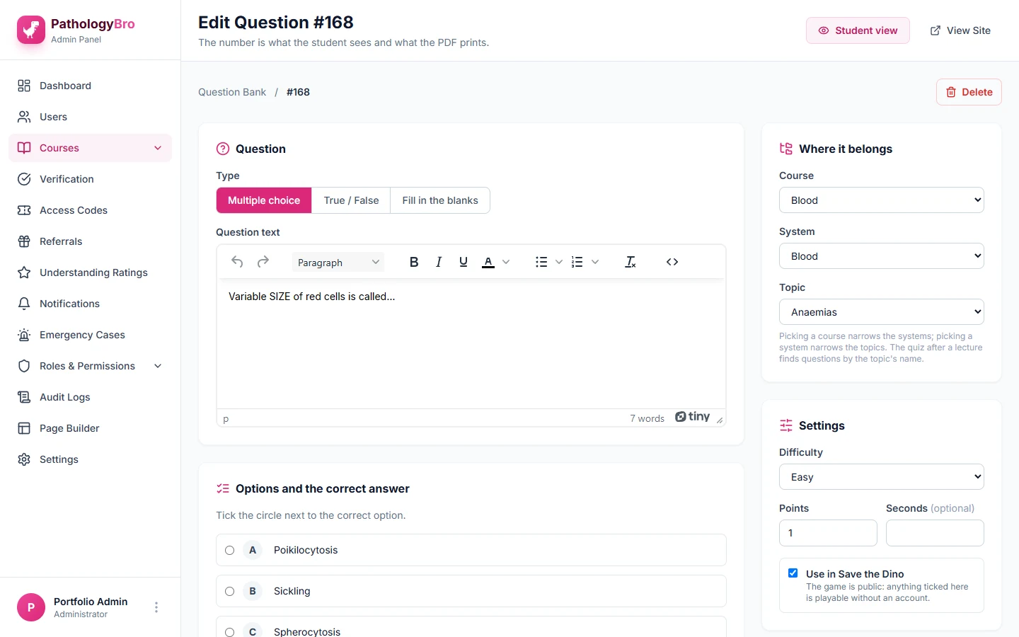 Edit question screen in the admin panel: question text editor, options with the correct one ticked, course, system and topic, and a Use in Save the Dino checkbox.