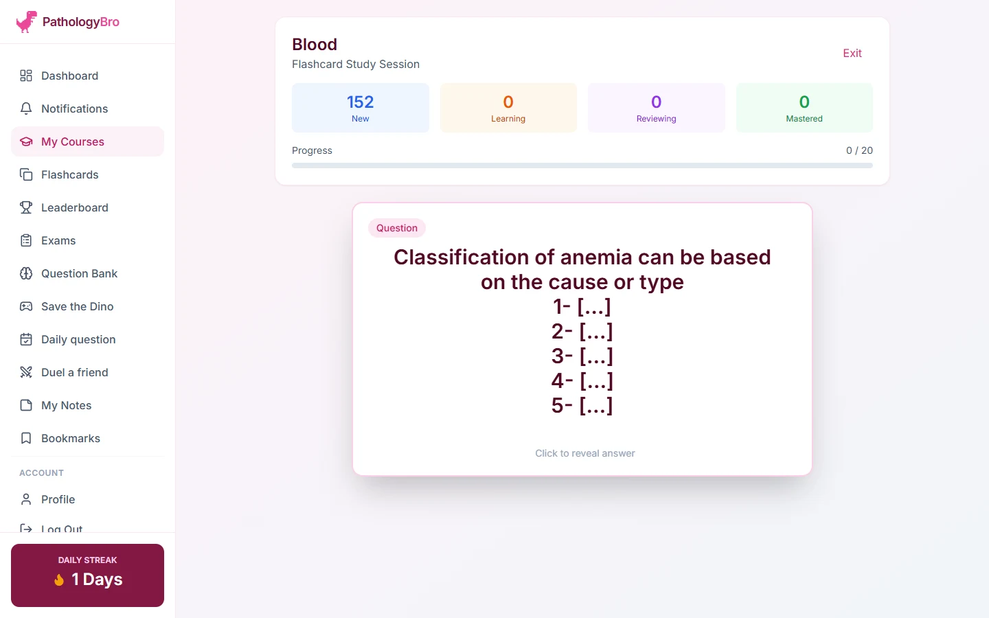 A flashcard study session for the blood system: new, learning, reviewing and mastered counts above a fill-in card.