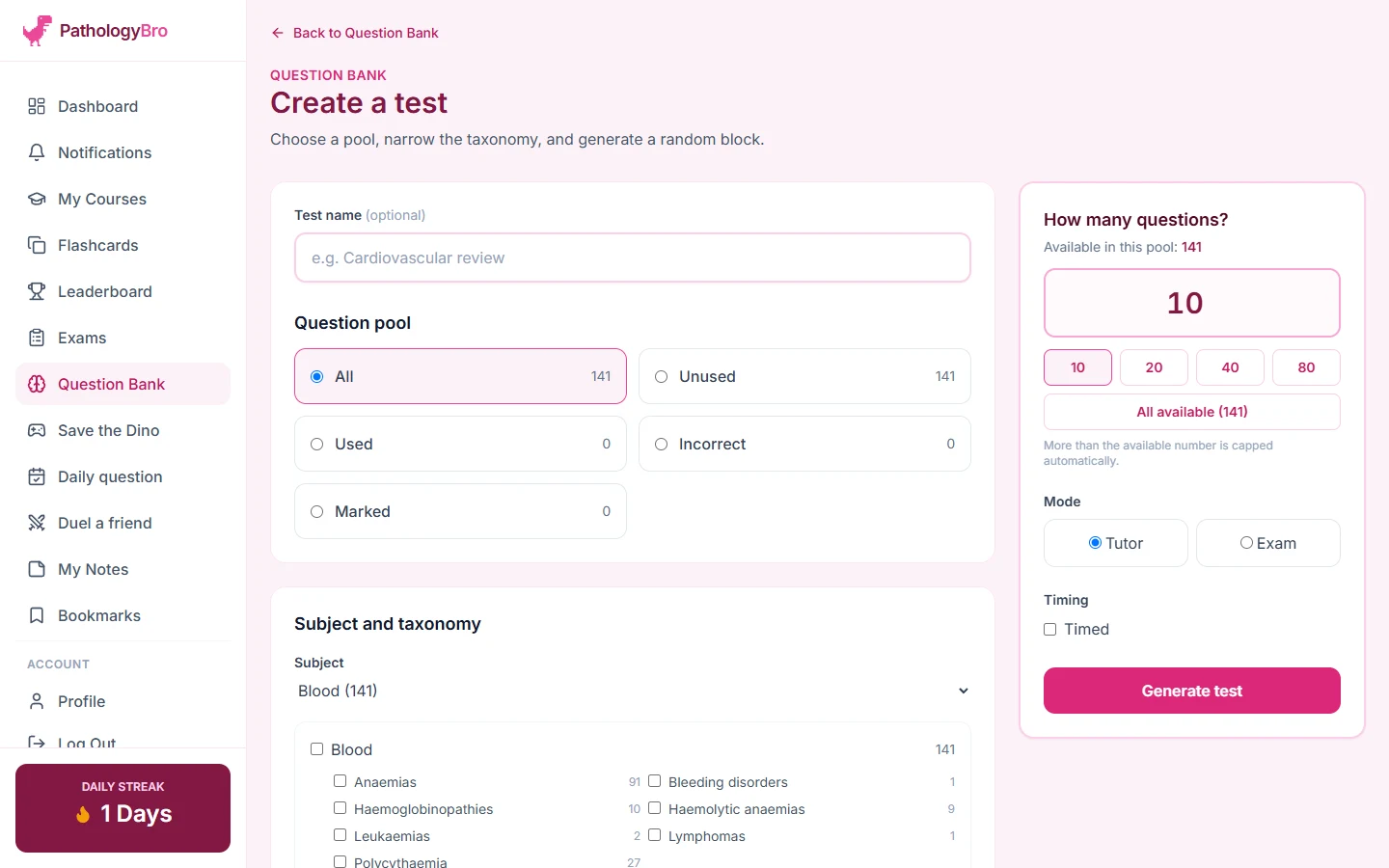 Create a test: question pool (all, unused, incorrect, marked), number of questions, tutor or exam mode, and subjects by system and topic.