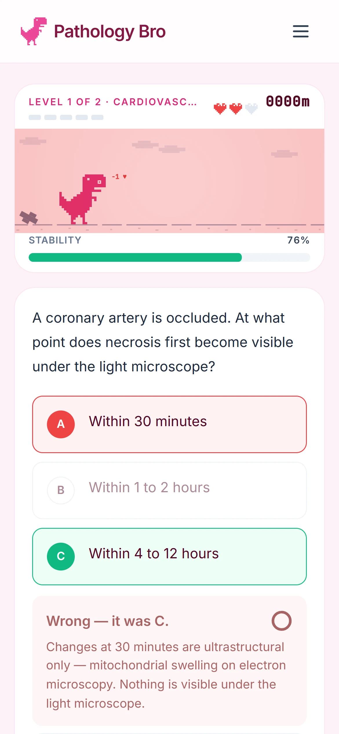 A wrong answer in the dino game: the screen flashes red, a heart is lost and the explanation appears.