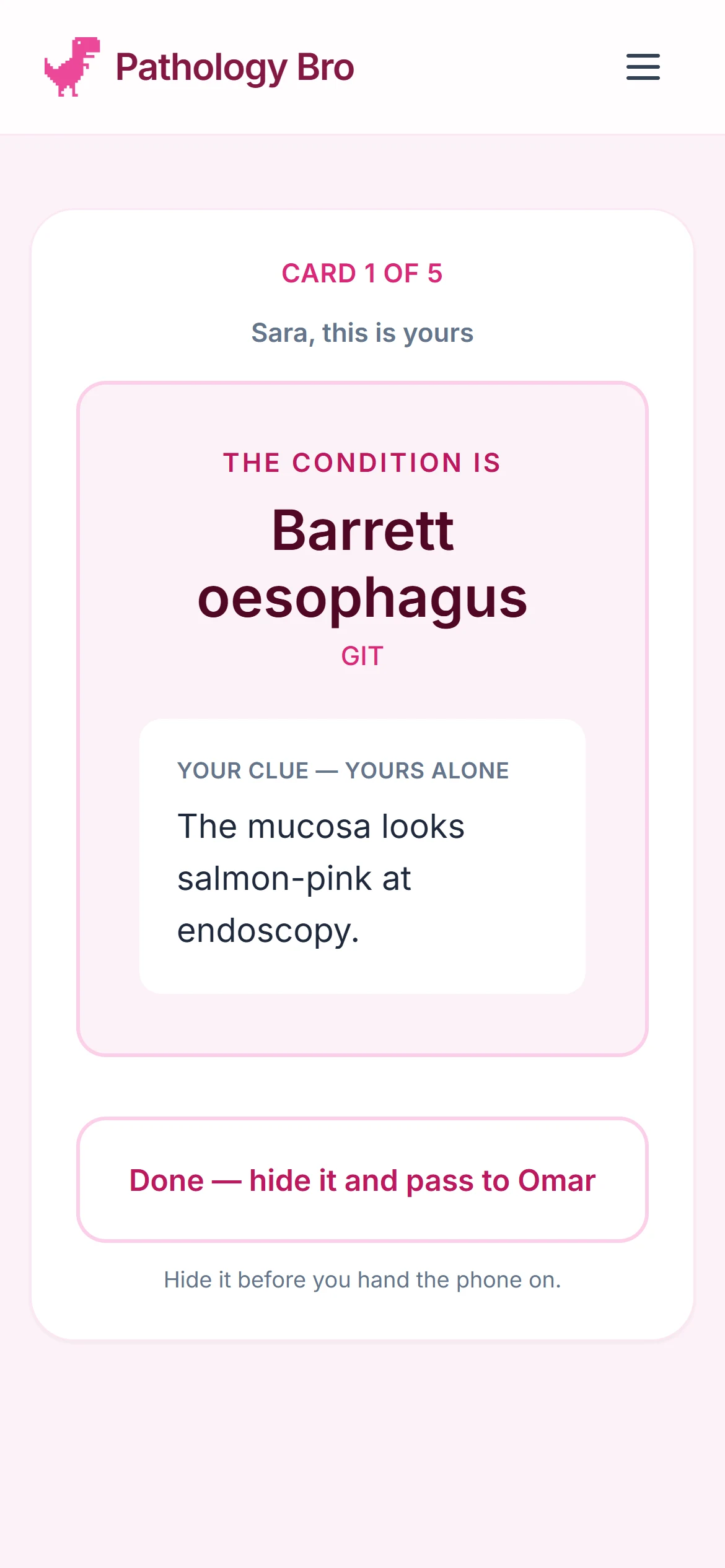 Impostor game card: the condition is Barrett oesophagus, with a private clue, then hide it and pass to the next player.