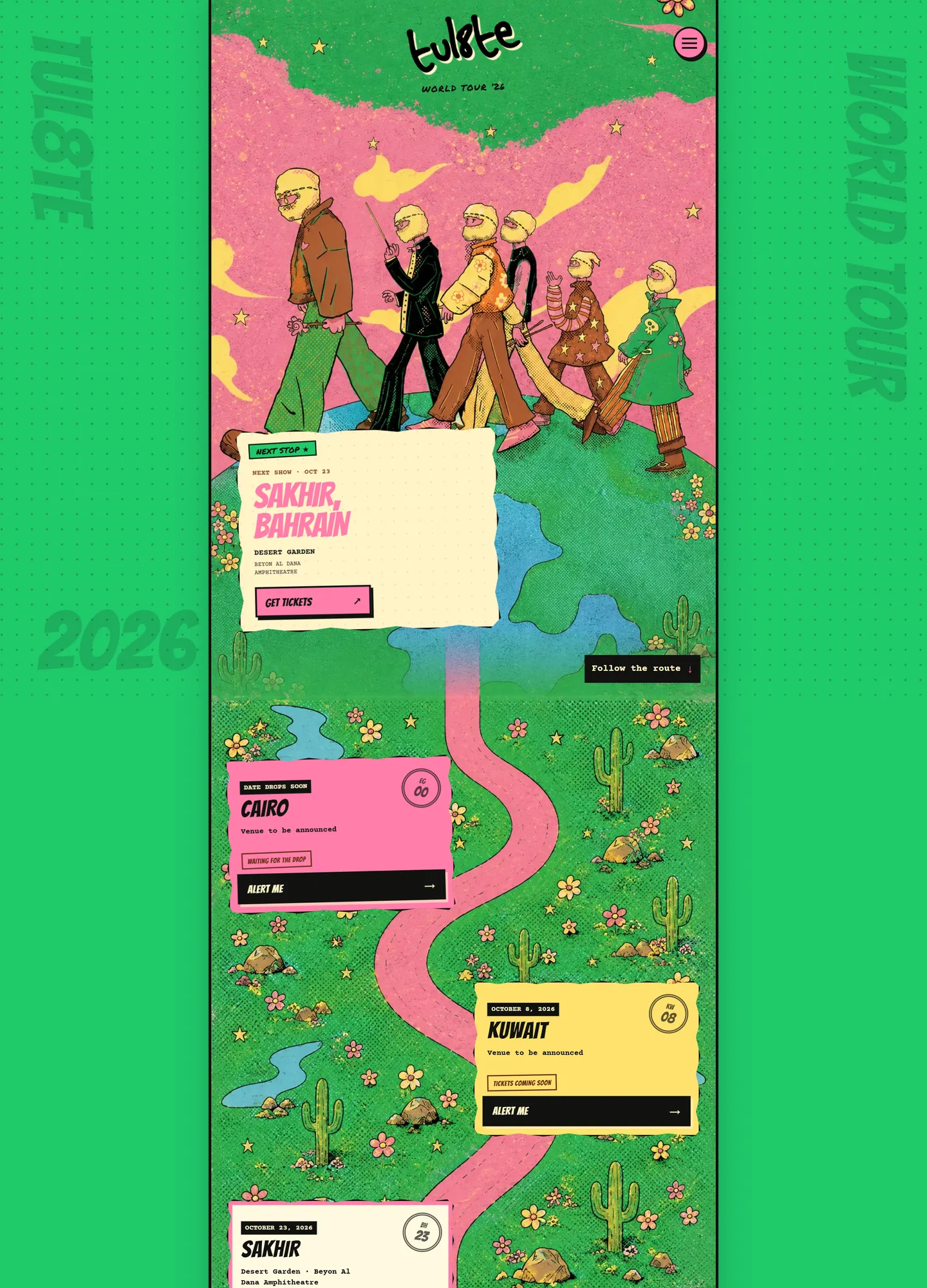 Tul8te world tour page — the illustrated poster hero with the next-stop ticket stub over it