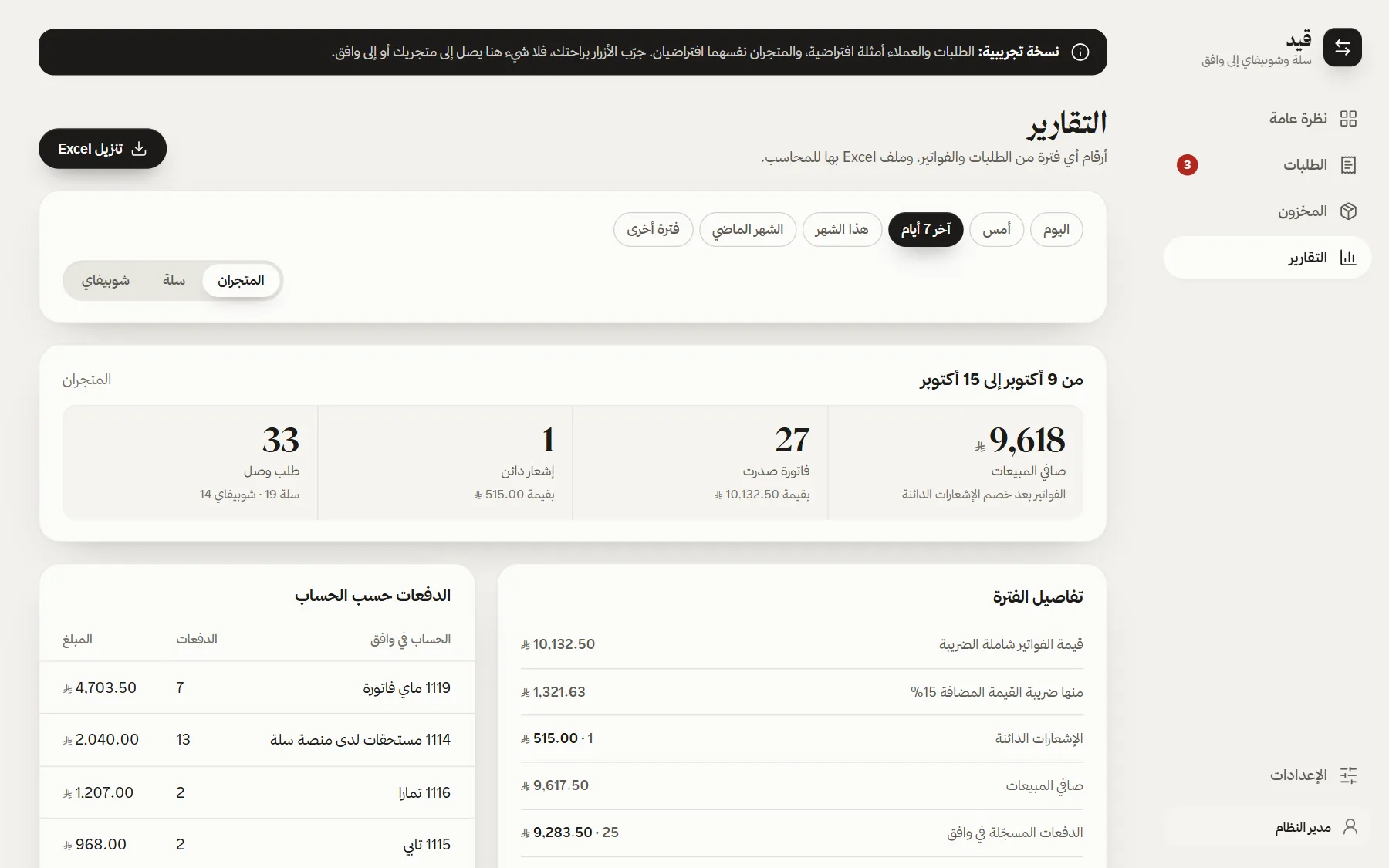 Reports on desktop: net sales, invoices, credit notes and payments per Wafeq account for the last 7 days