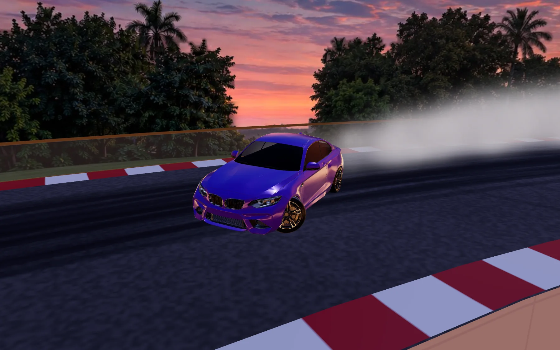 The purple M2 drifting on the roof track at sunset.