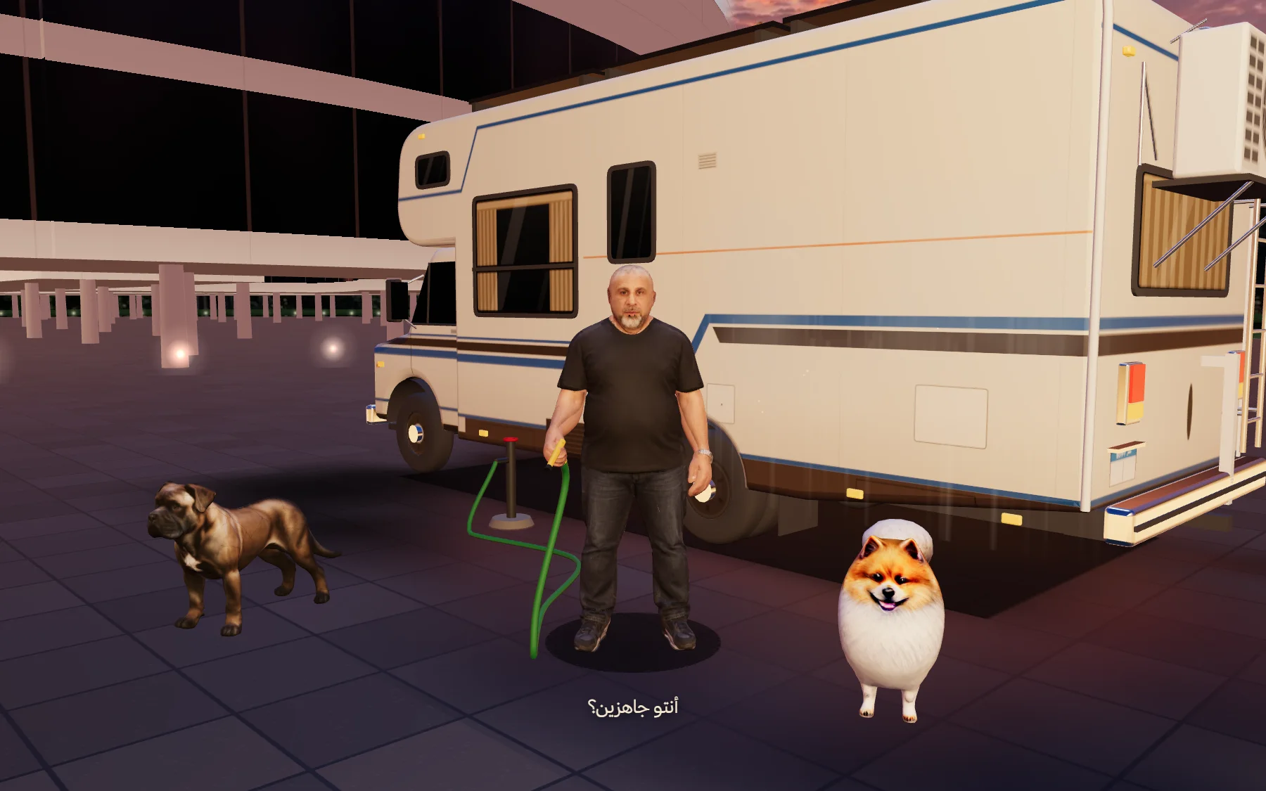 Yehia in 3D washing his car beside the RV, his Cane Corso and Pomeranian beside him, caption «يلا بينا».